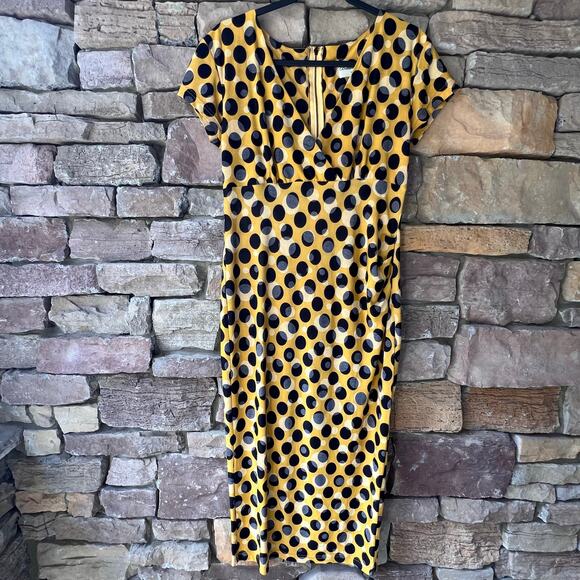 Bettie Page by Tatyana Polka Dot Yellow And Black Wiggle Retro Pin Up Dress XXL - Picture 2 of 15